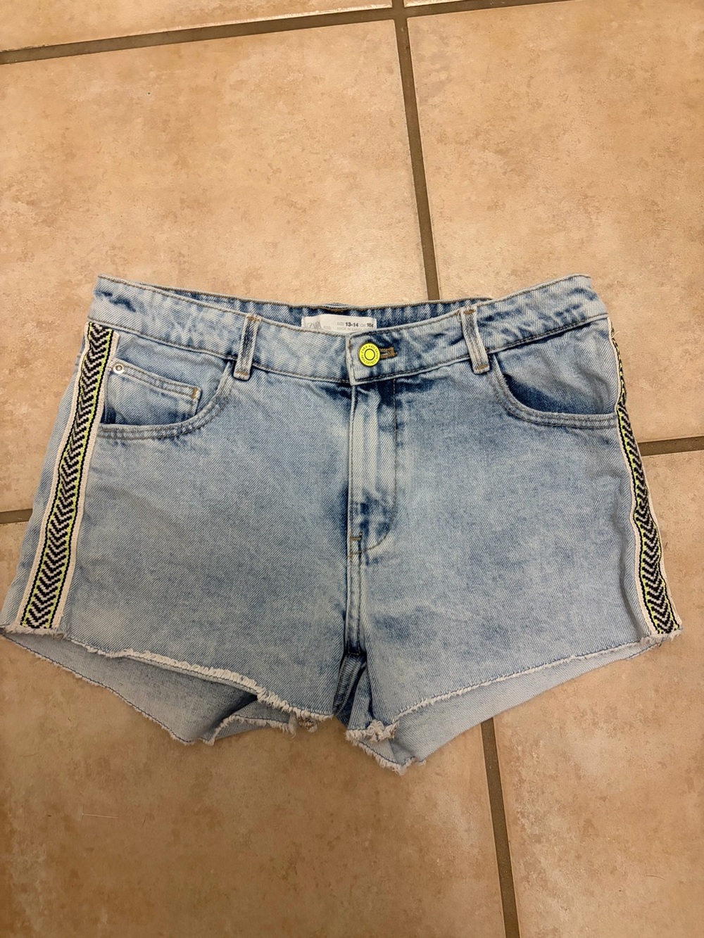 Youth Zara Light Blue Denim Shorts with Side Trim fluorescent yellow and black